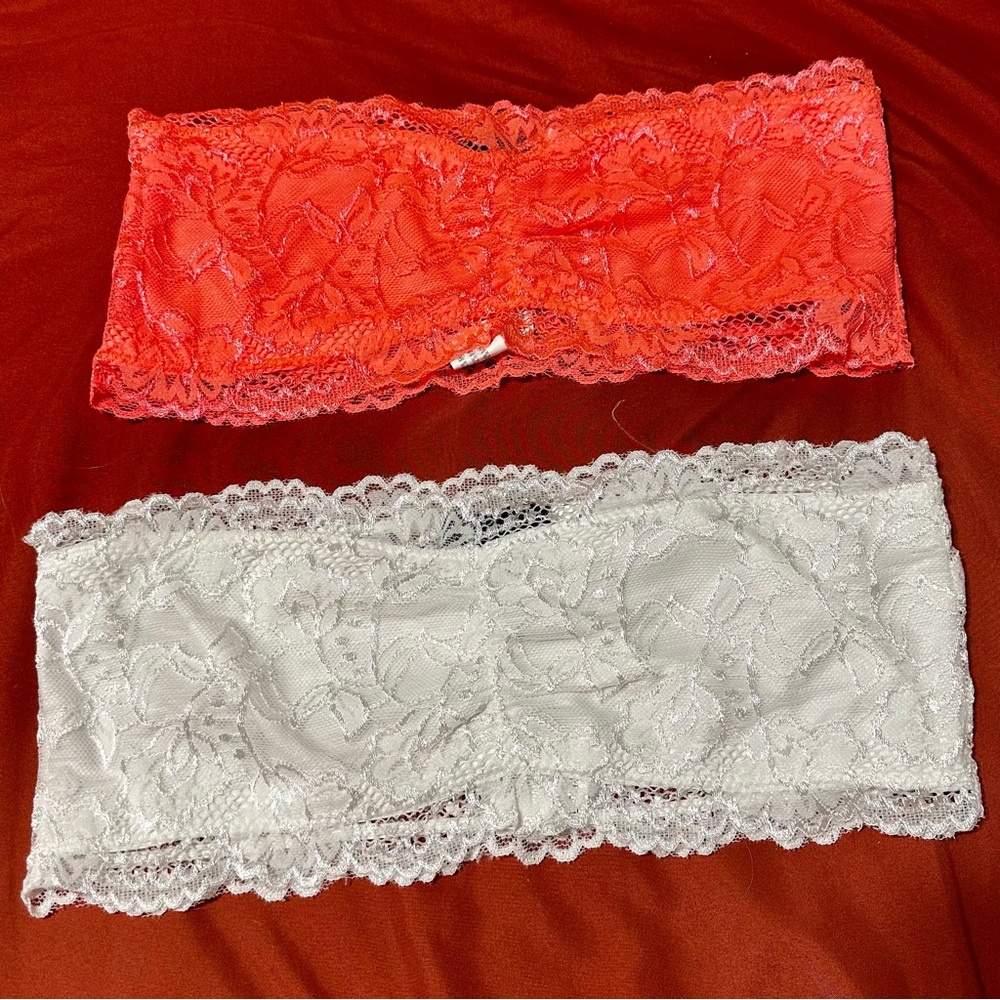 Lace Bandeau Set - Coral (Orange) and White